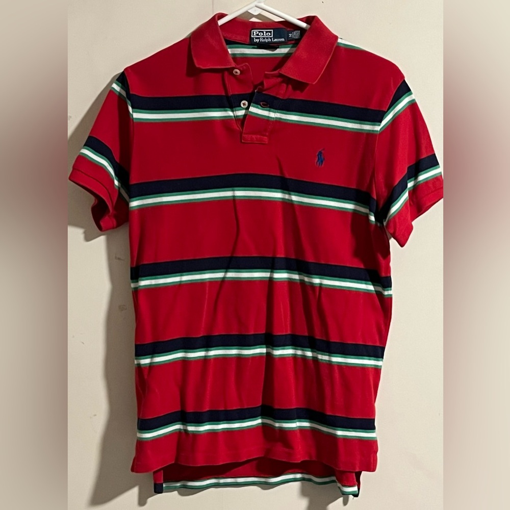 Polo Ralph Lauren red striped short sleeve polo shirt 100% cotton medium